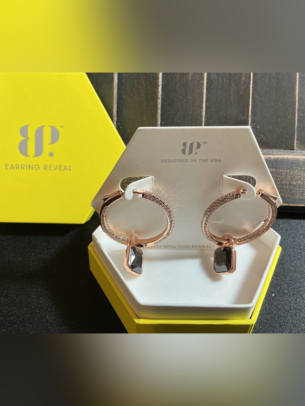 Earring Reveal Rose Gold Hoop Earrings with Black Crystal Charm